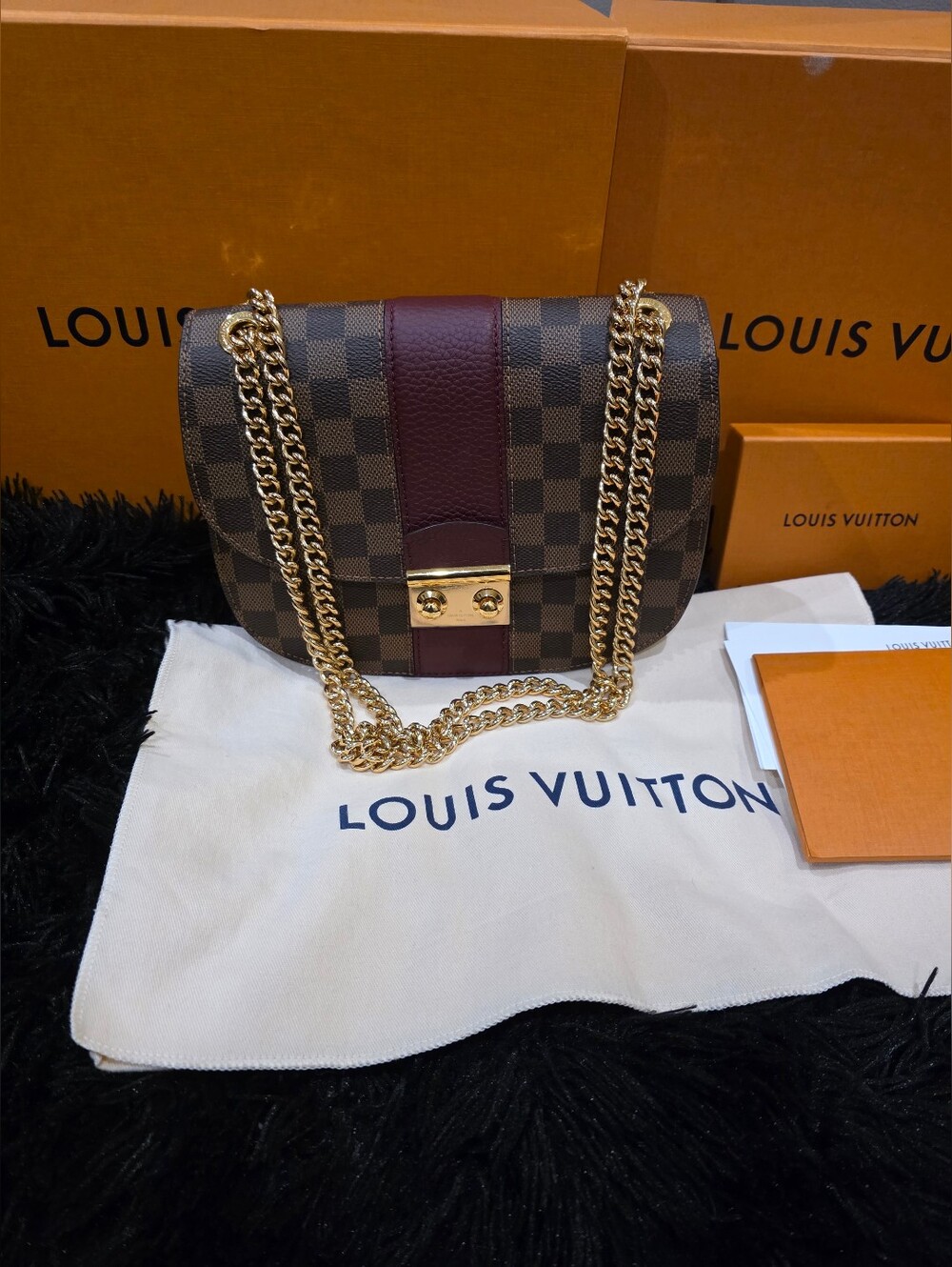 Authentic Louis Vuitton Damier Ebene Burgundy Chain Shoulder Bag